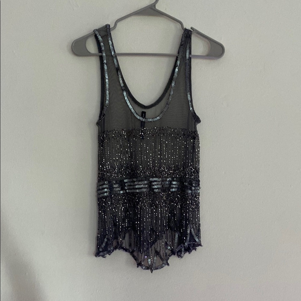 Sheer Black Beaded Tank Top